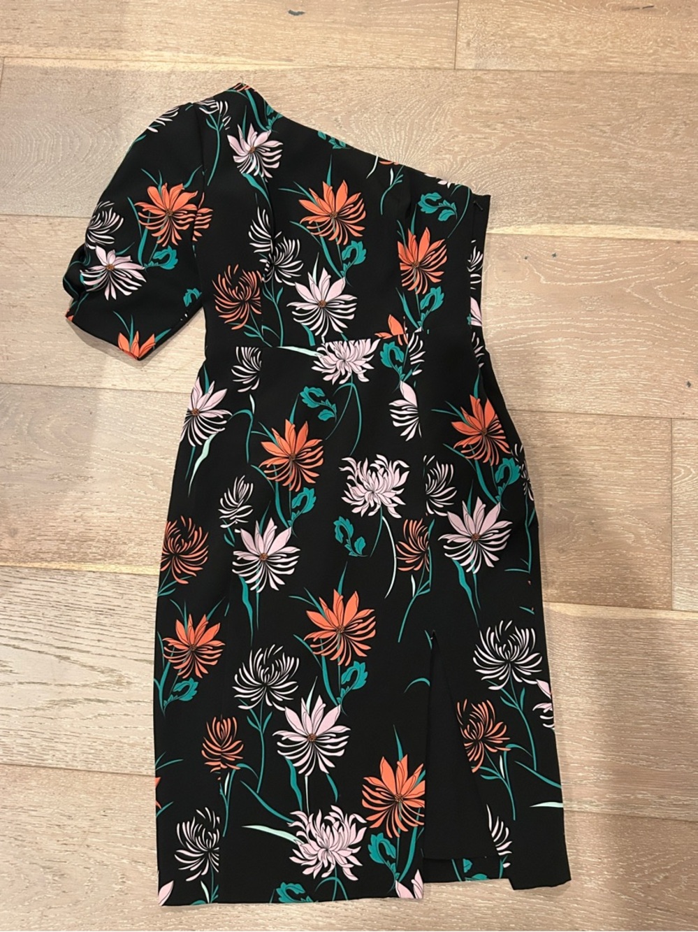 Black Halo One-Shoulder Black Dress with Orange, Pink & Teal Floral Print